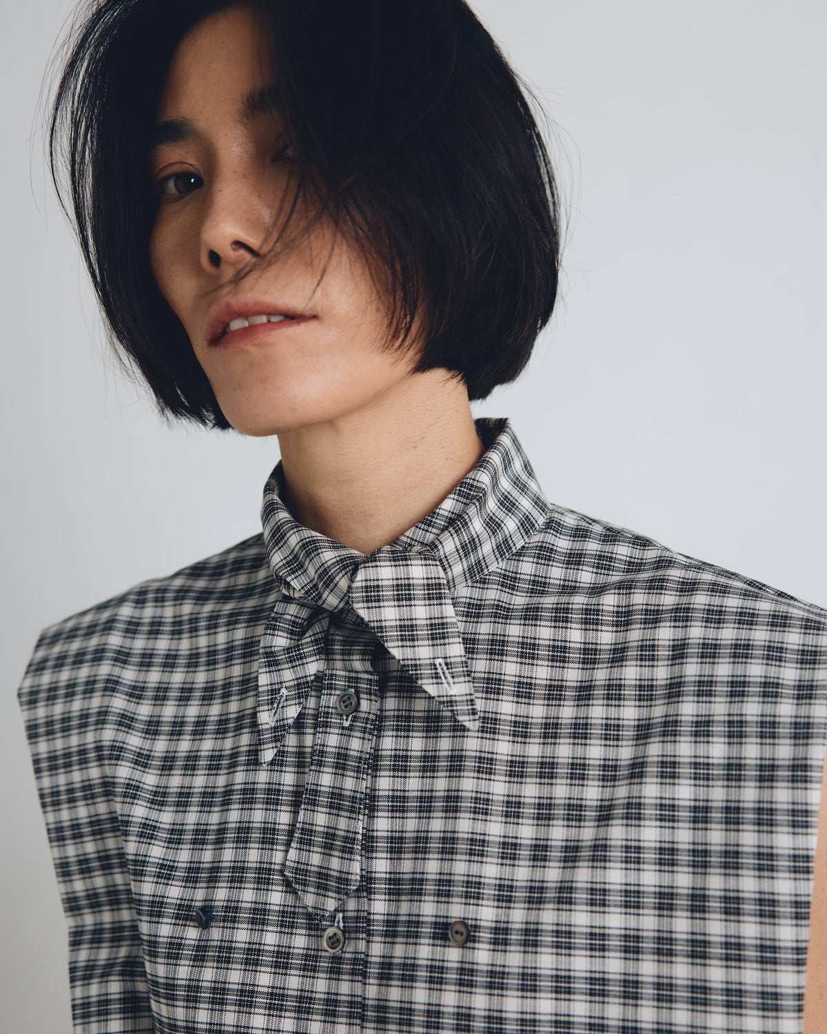 checked sleeveless big collar top
