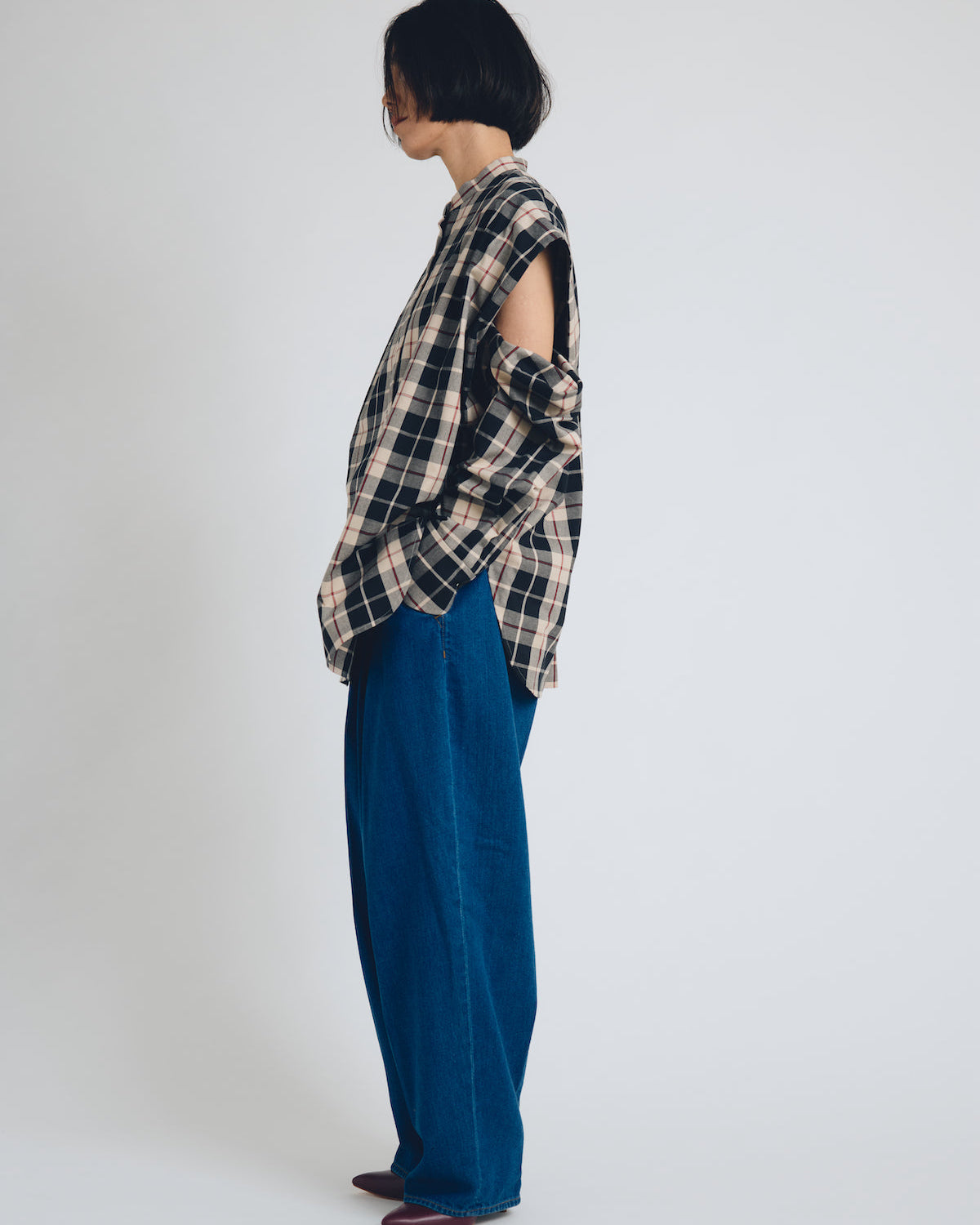 checked 2way sleeves shirt