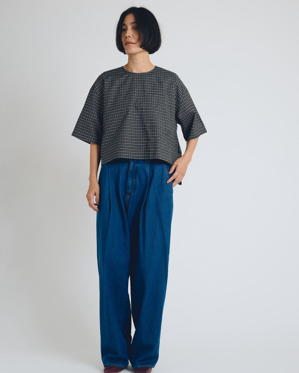checked T-blouse short