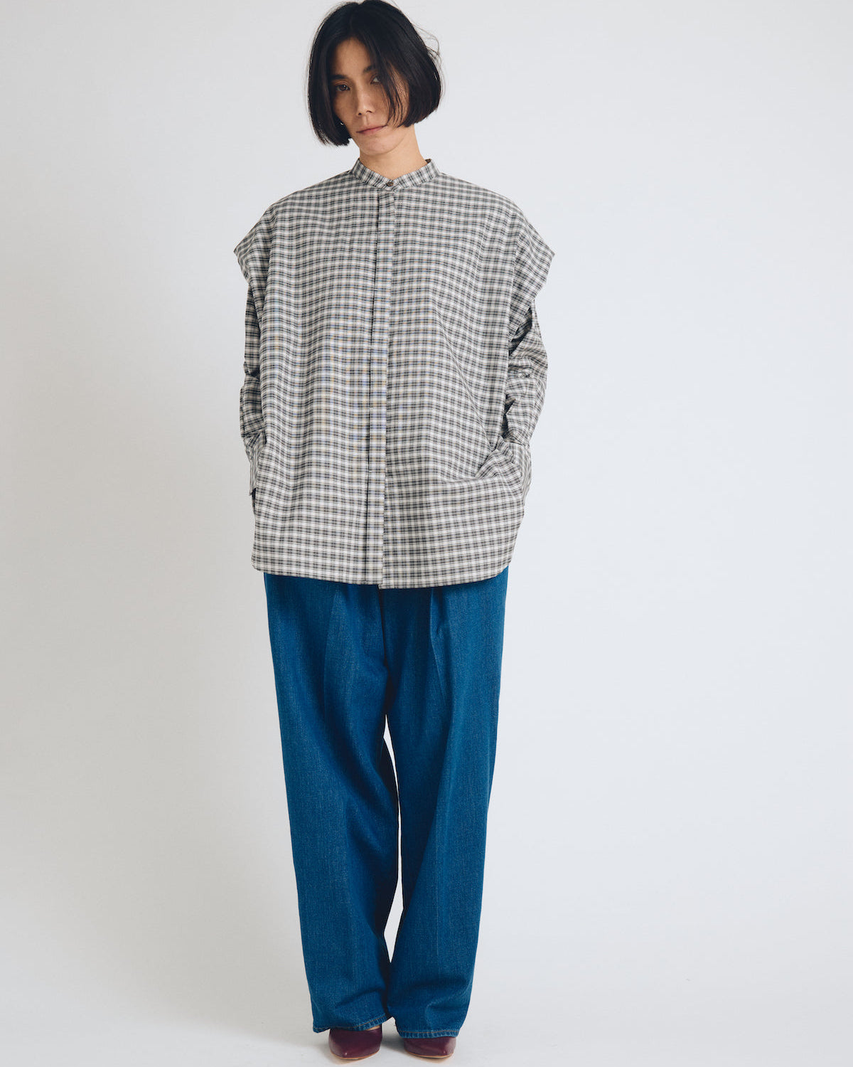 checked 2way sleeves shirt