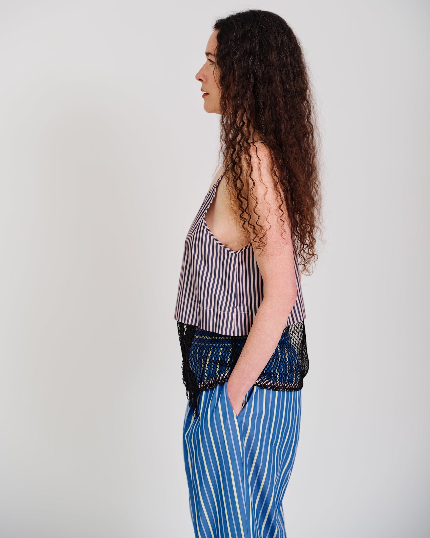stripesd mesh camisole short