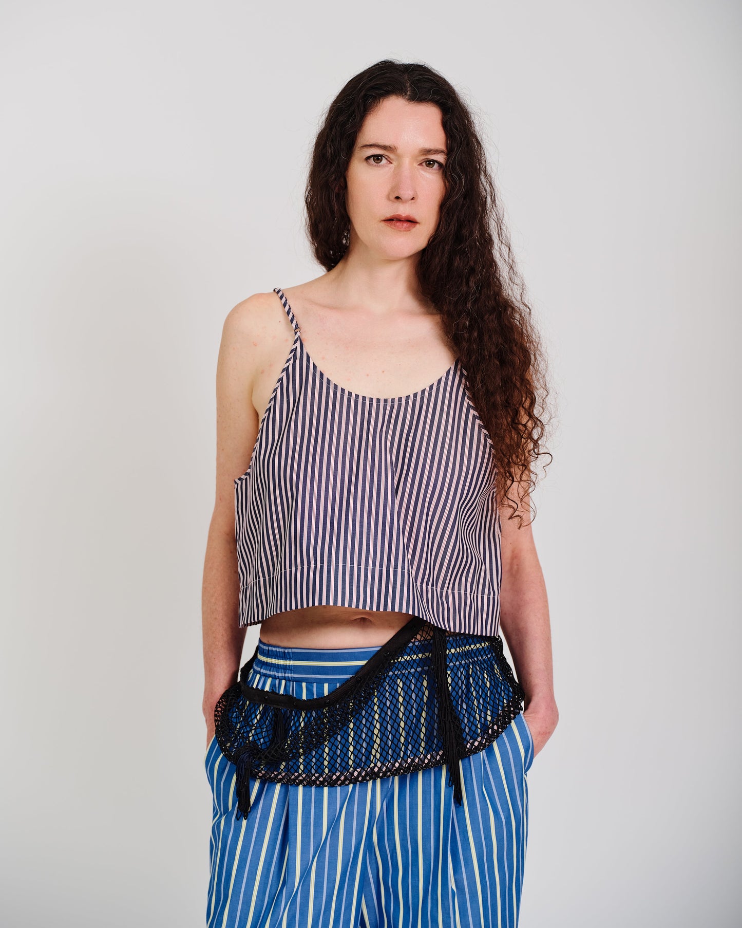 stripesd mesh camisole short
