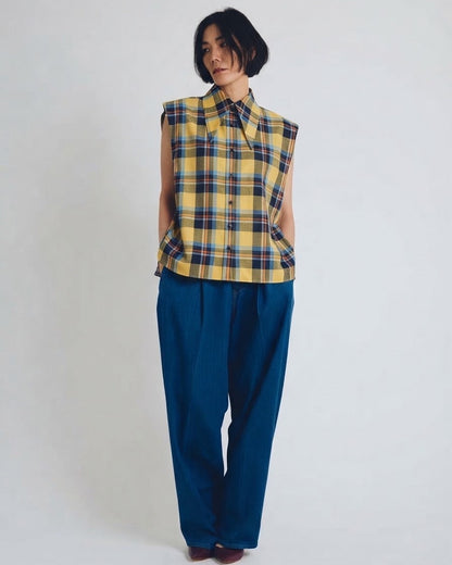 checked sleeveless big collar top
